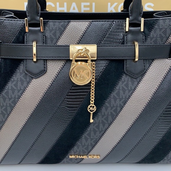 Michael Kors Hamilton Meidum Satchel Shoulder Crossbody Bag Black Multi color - Picture 15 of 16
